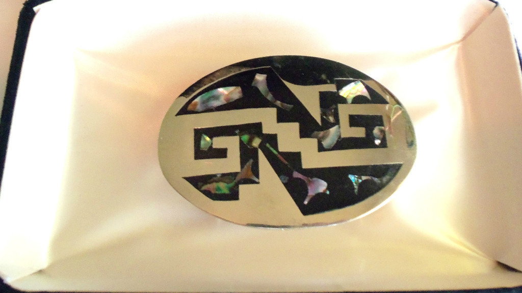 MEXICO Signed ABALONE MOTHER OF PEARL OVAL BELT BUCKLE VINTAGE