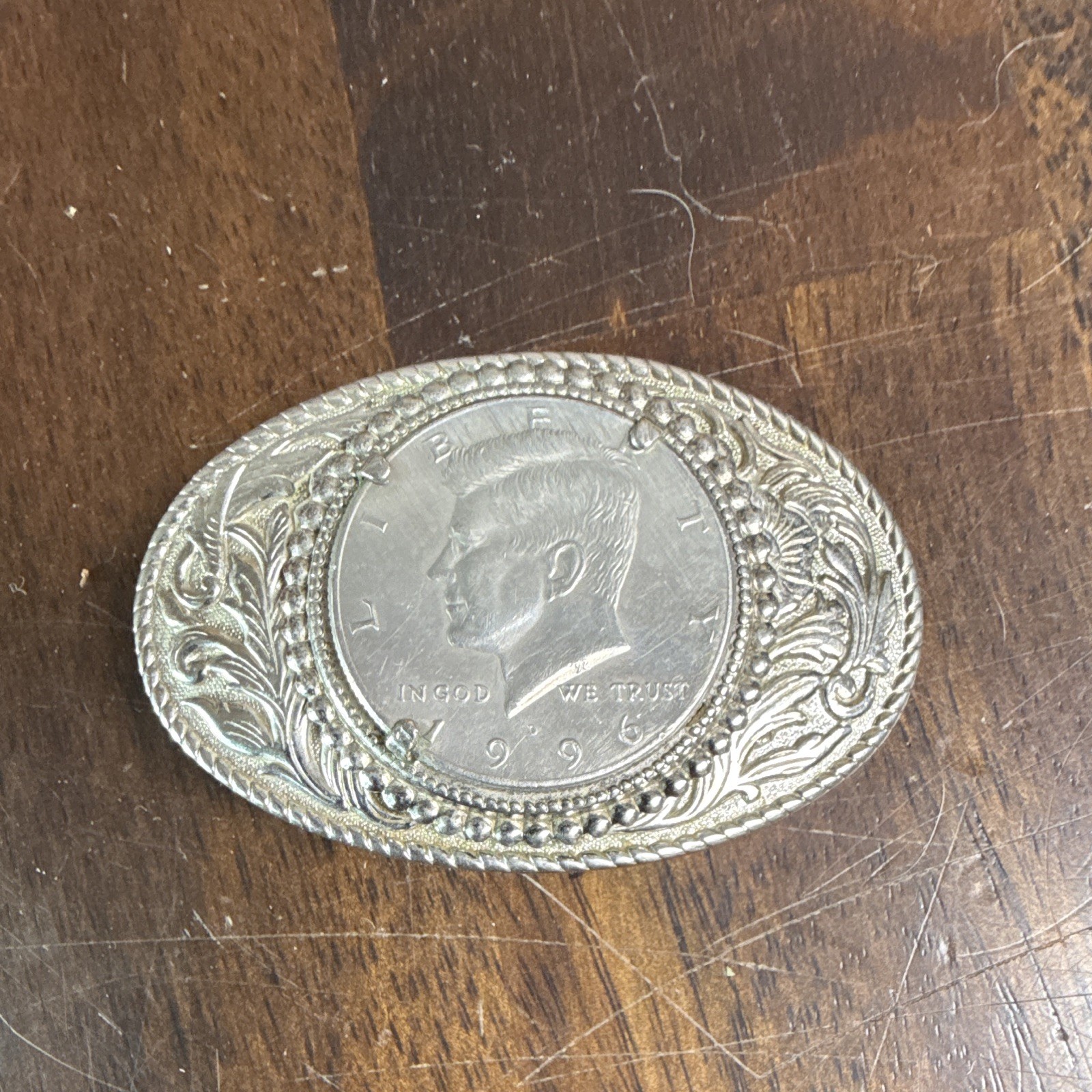 Oval Western Silver Metal Belt Buckle w/ Kennedy Coin Accent Floral Fits 1.5&Prime;