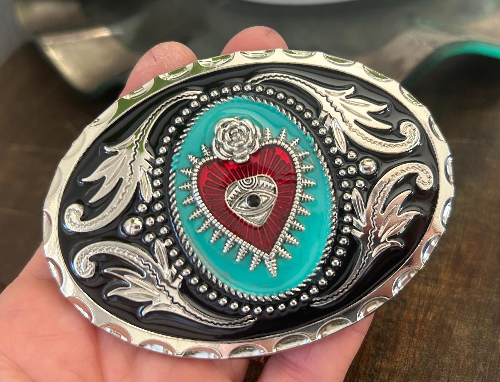 Sacred Heart Belt Buckle Valentines Day Turquoise Crown Mexican Art Western