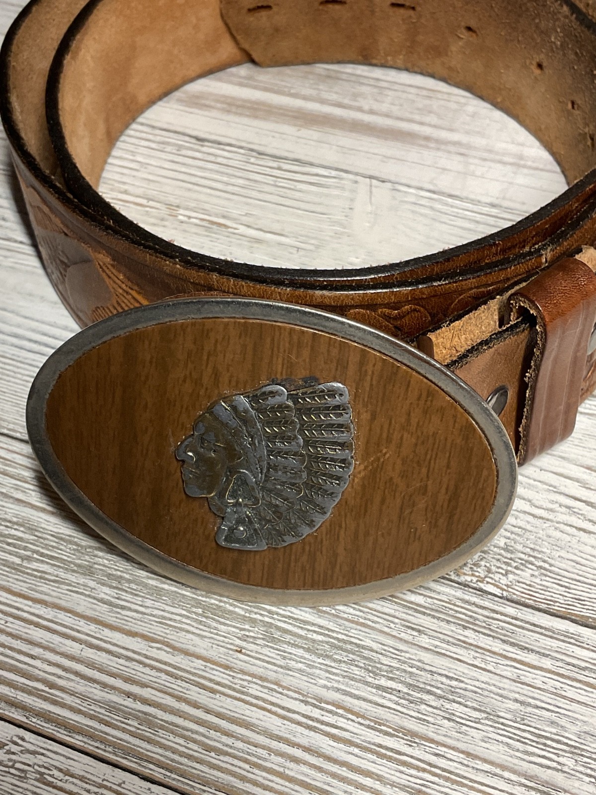 Leather Belt Embossed Eagles American Indian Belt Buckle Vintage made in USA 42”