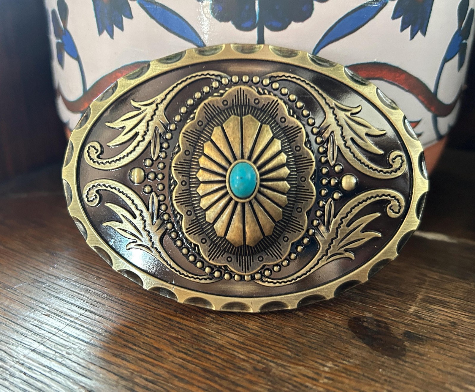 Turquoise Western Belt Buckle Antique Brass Engraved Oval Cowboy Style