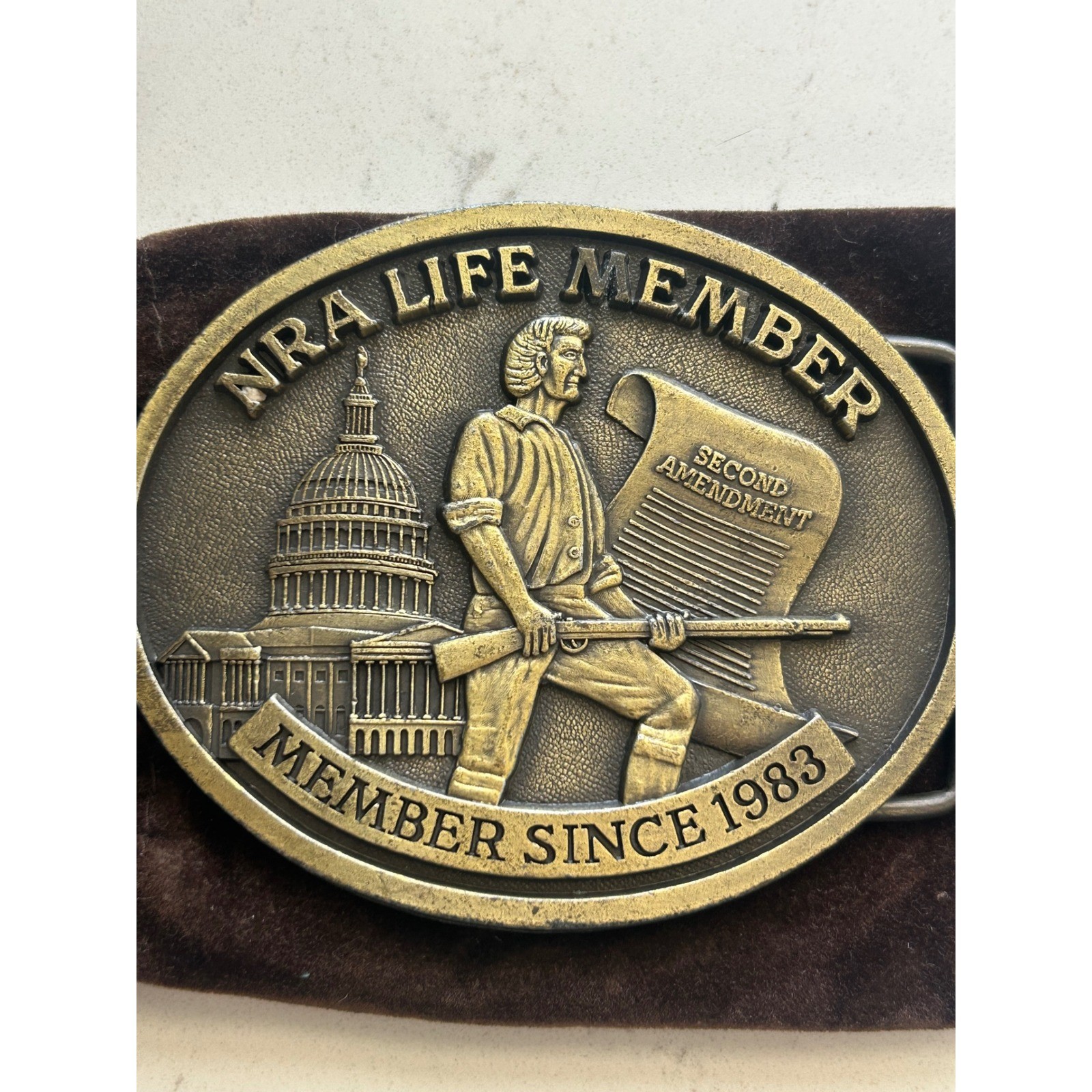 Vintage NRA Life Member Since 1983 Belt Buckle Brass Tone Second Amendment 2A