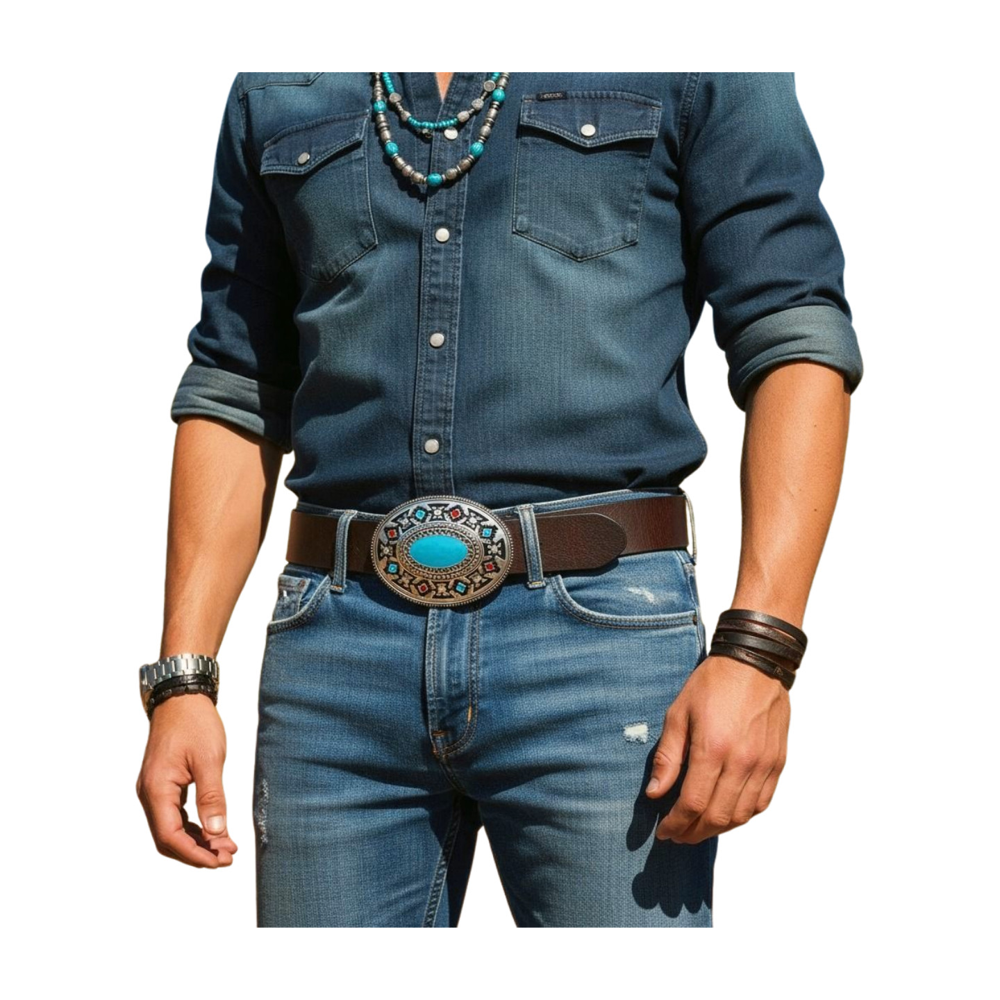 Men Women Buckle Silver Metal Western Fashion Turquoise Blue Ethnic Bohemian