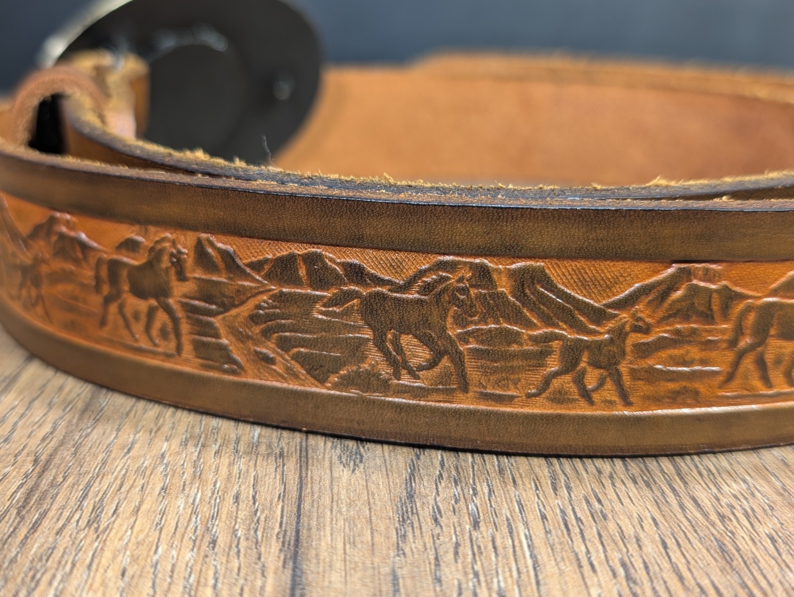 Vintage ~ John Wayne Hand Tooled Leather Belt w/ Solid Brass JW American Buckle