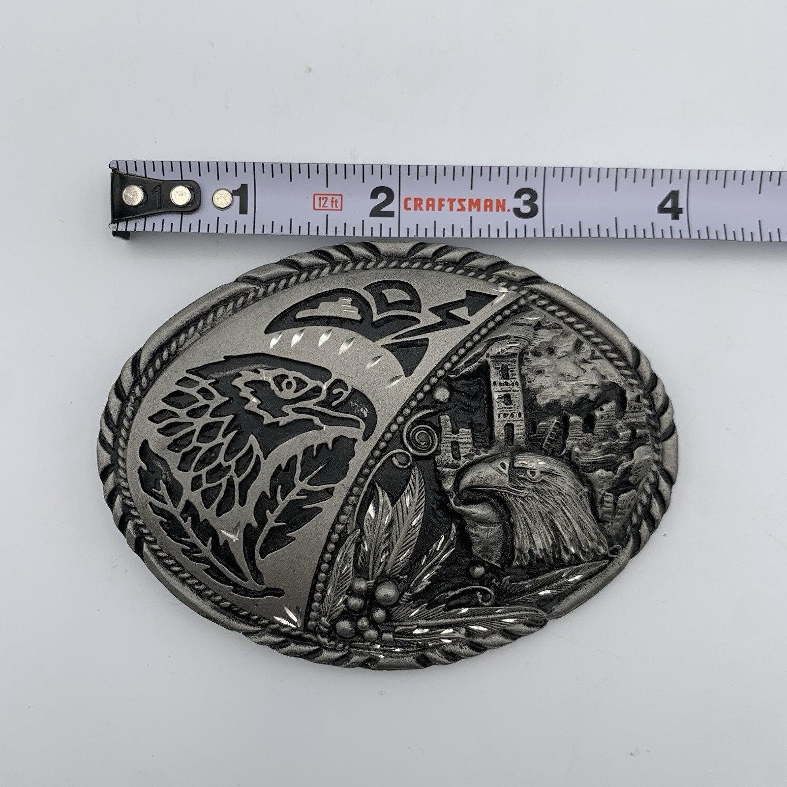 VTG SSI Handcrafted Metal Belt Buckle Southwest Eagle Rain Cloud Fathers 4&Prime; USA
