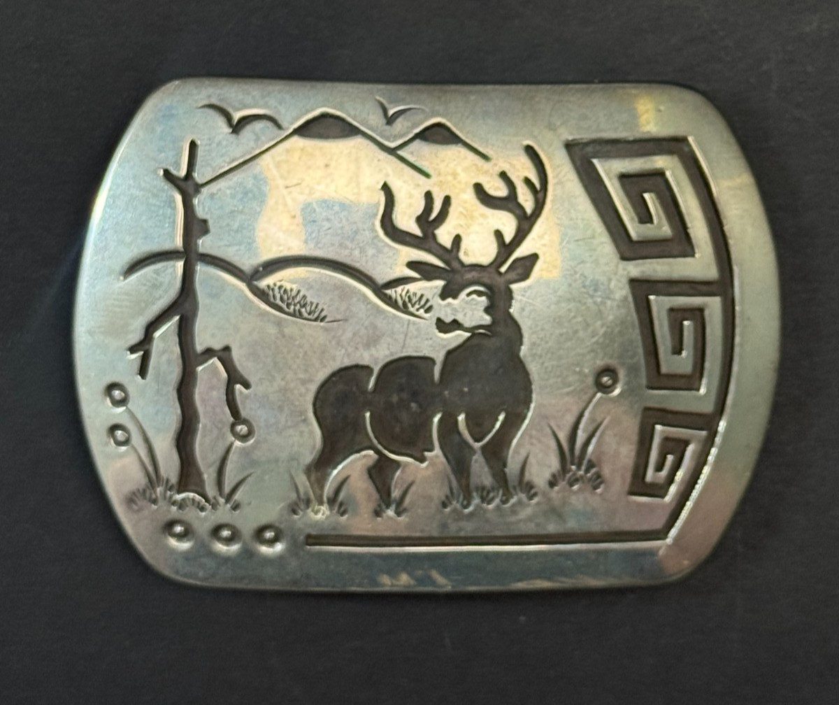 ROSCO SCOTT VINTAGE STERLING SILVER OVERLAY DEER BELT BUCKLE