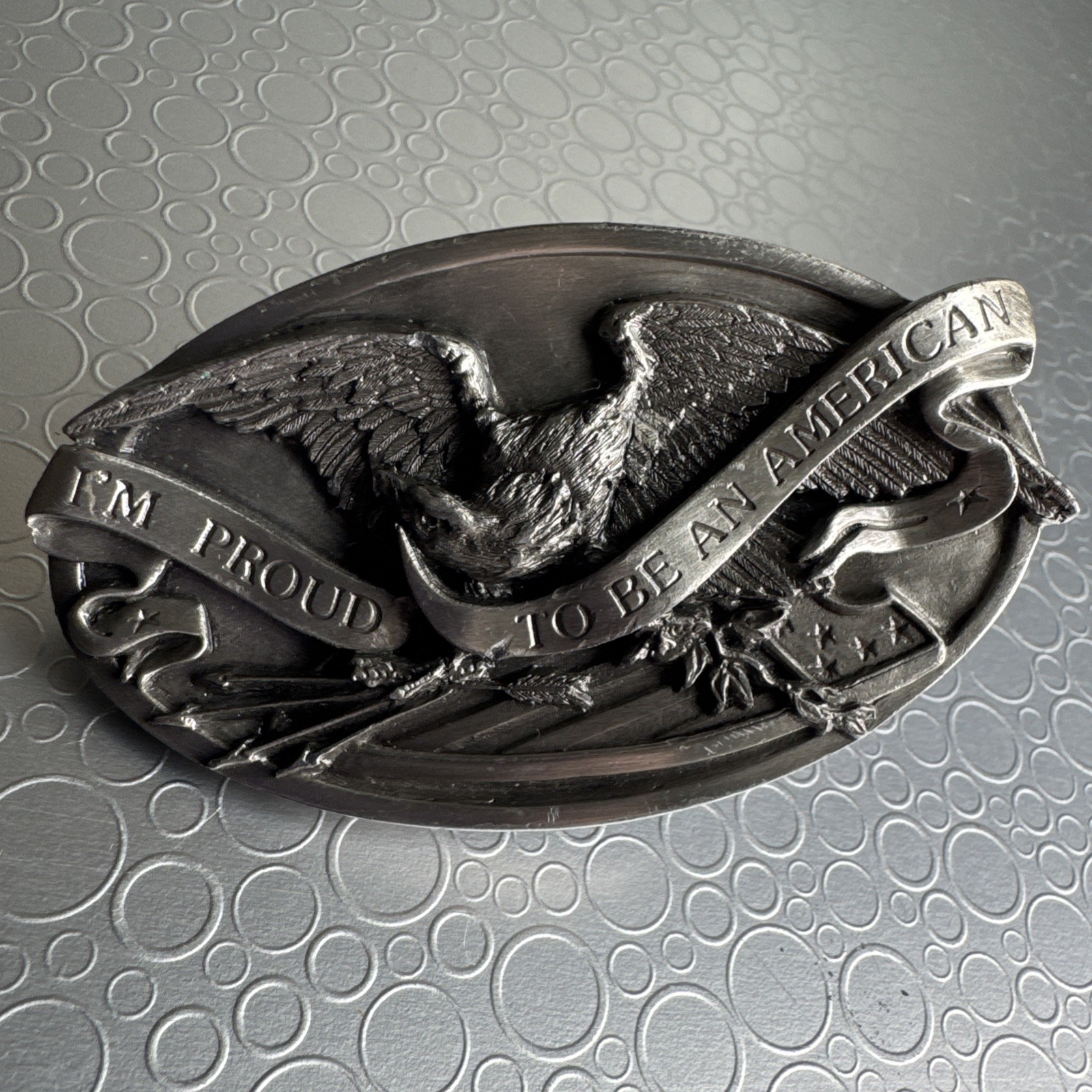 Vintage 1983 Bergamot Brass Works Eagle Belt Buckle Proud To Be An American N146