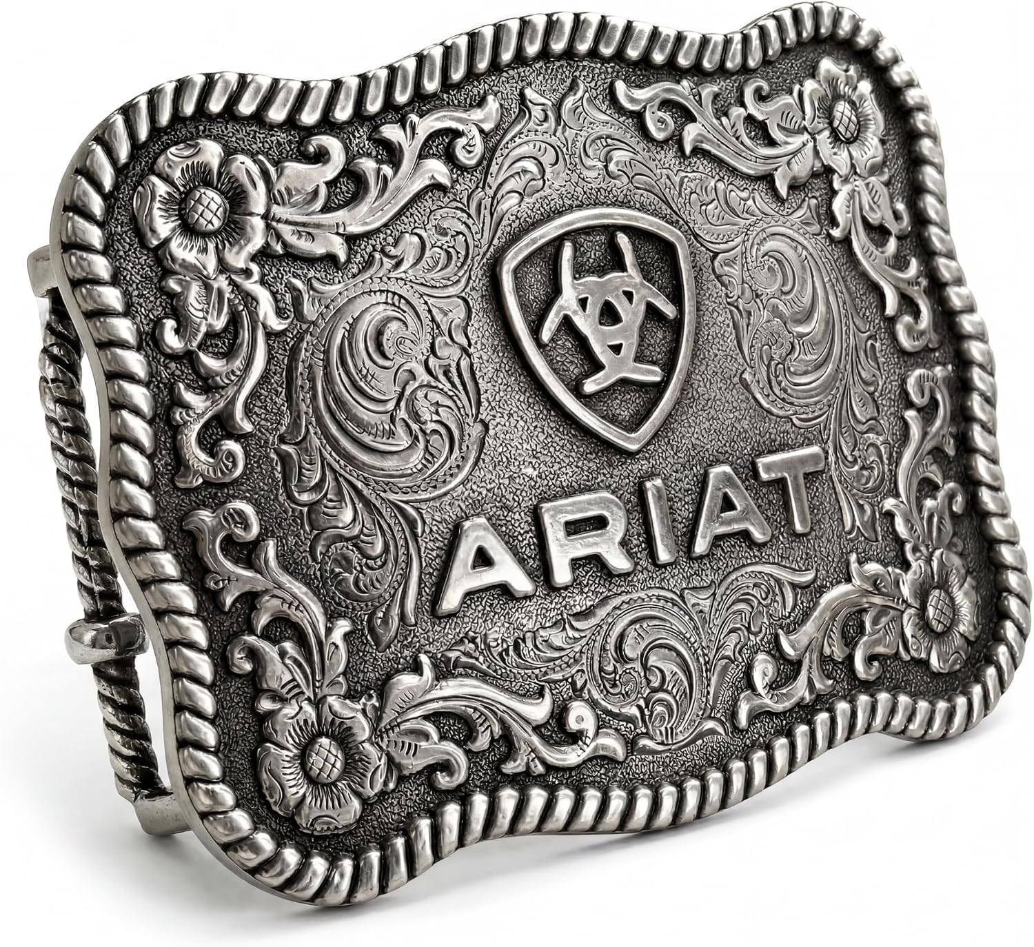 ARIAT Scalloped Logo Buckle with Twisted Rope Edge, Floral Scrolls, Filigree Det