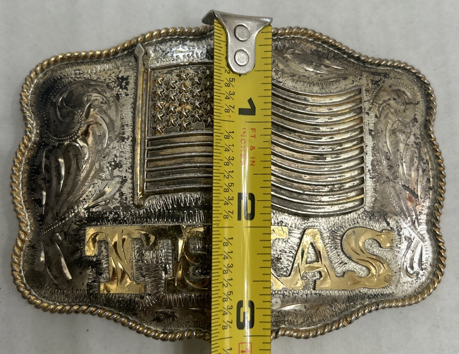 Vintage Texas, U.S. Flag Large Western Distressed Cowboy Buckle Made In Mexico