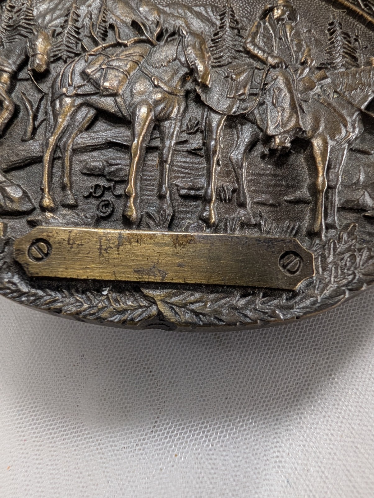 Vintage Solid Brass Western Belt Buckle Cowboy Pack Mules Elk Antlers Unengraved