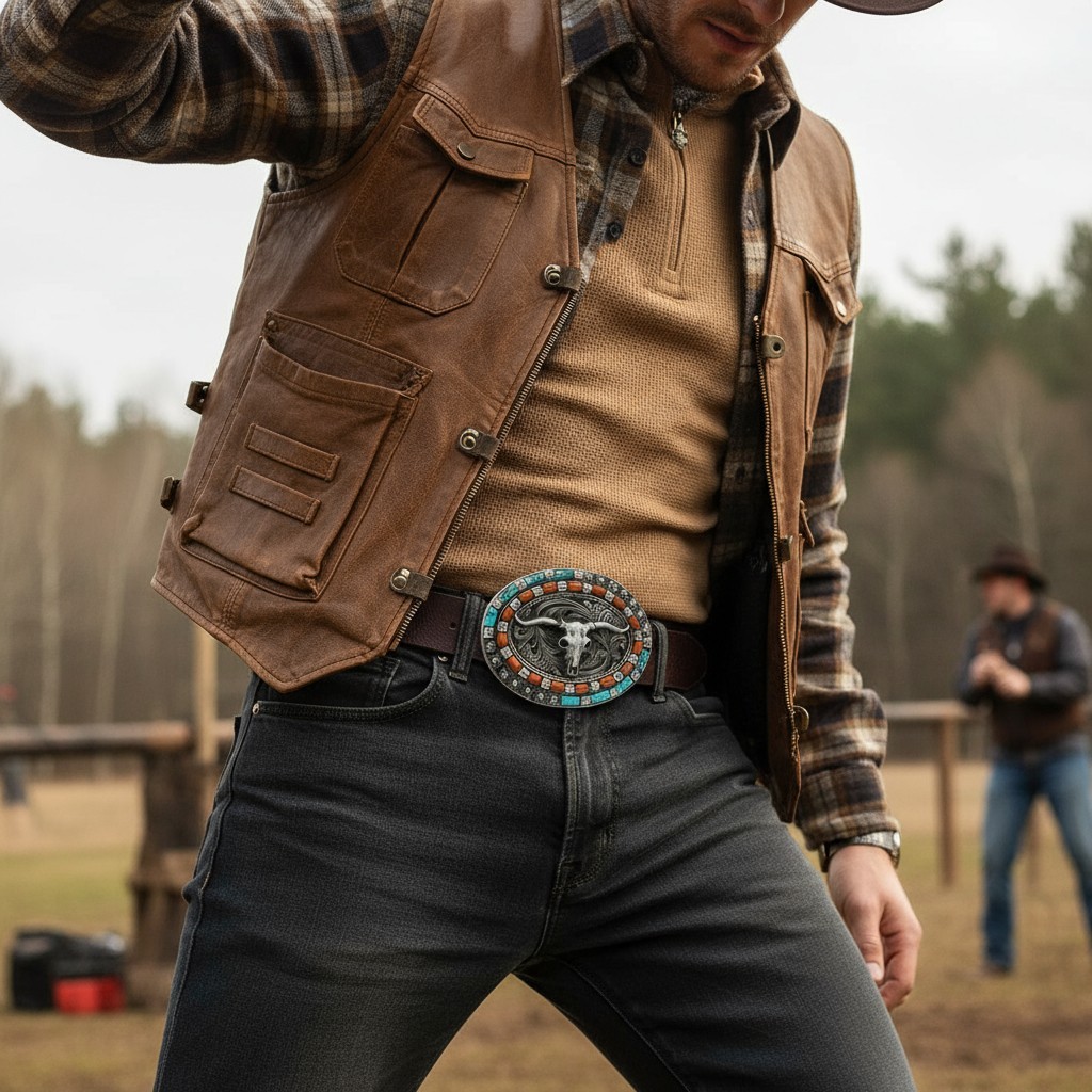 Men Silver Metal Buckle Western Fashion Bull Long Horn Texas Cow Rodeo Turquoise