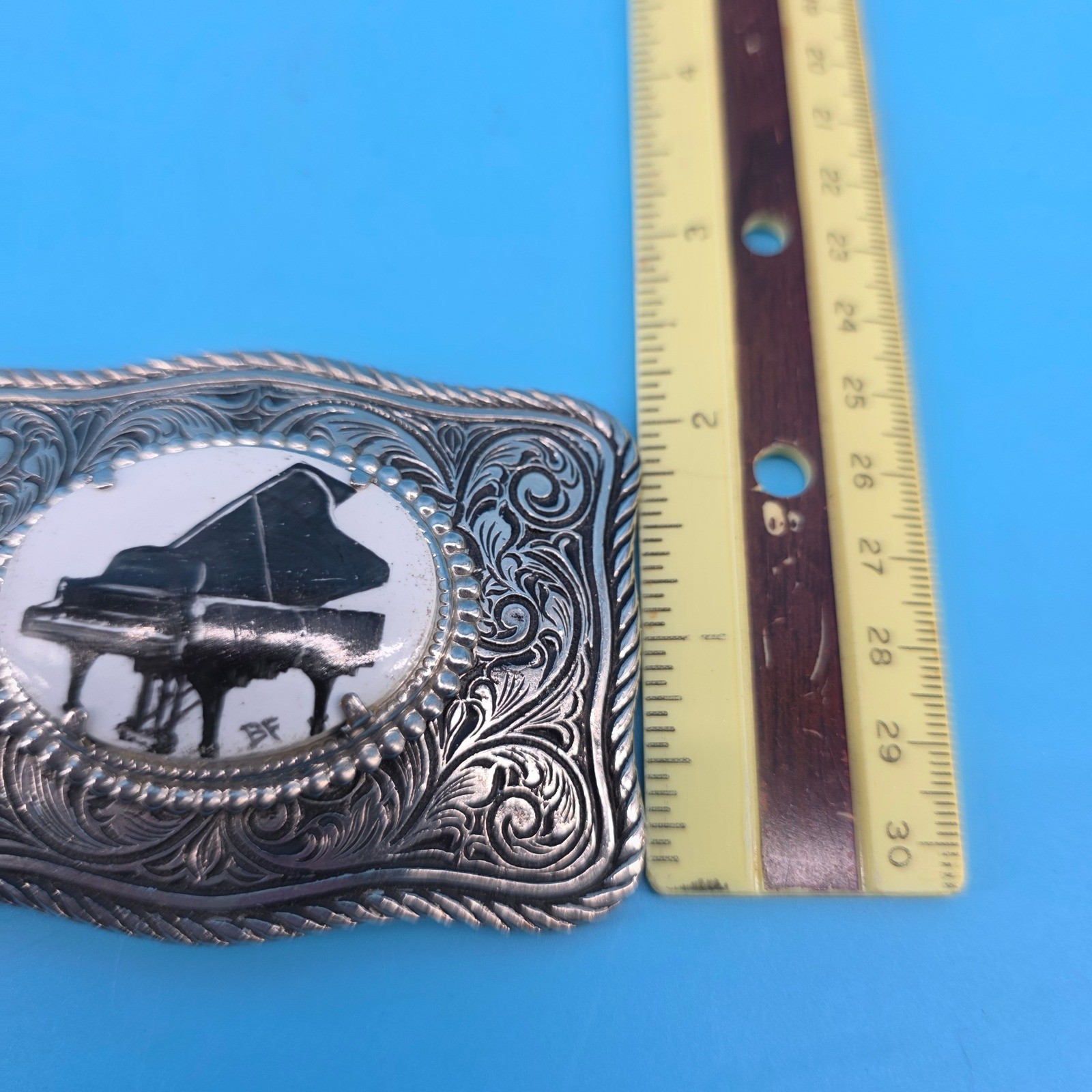 Vintage Western Belt Buckle Silver Tone Ornate Scroll Grand Piano