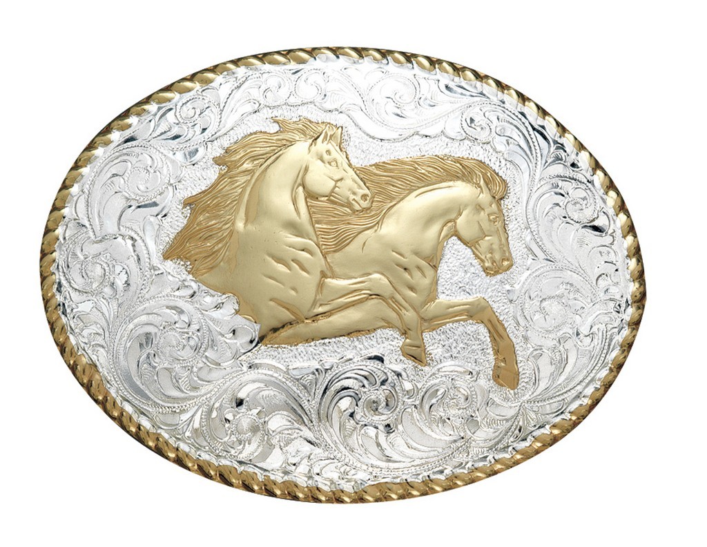 Crumrine Western Belt Buckle Rearing Horses Rodeo Silver Bronze C01561