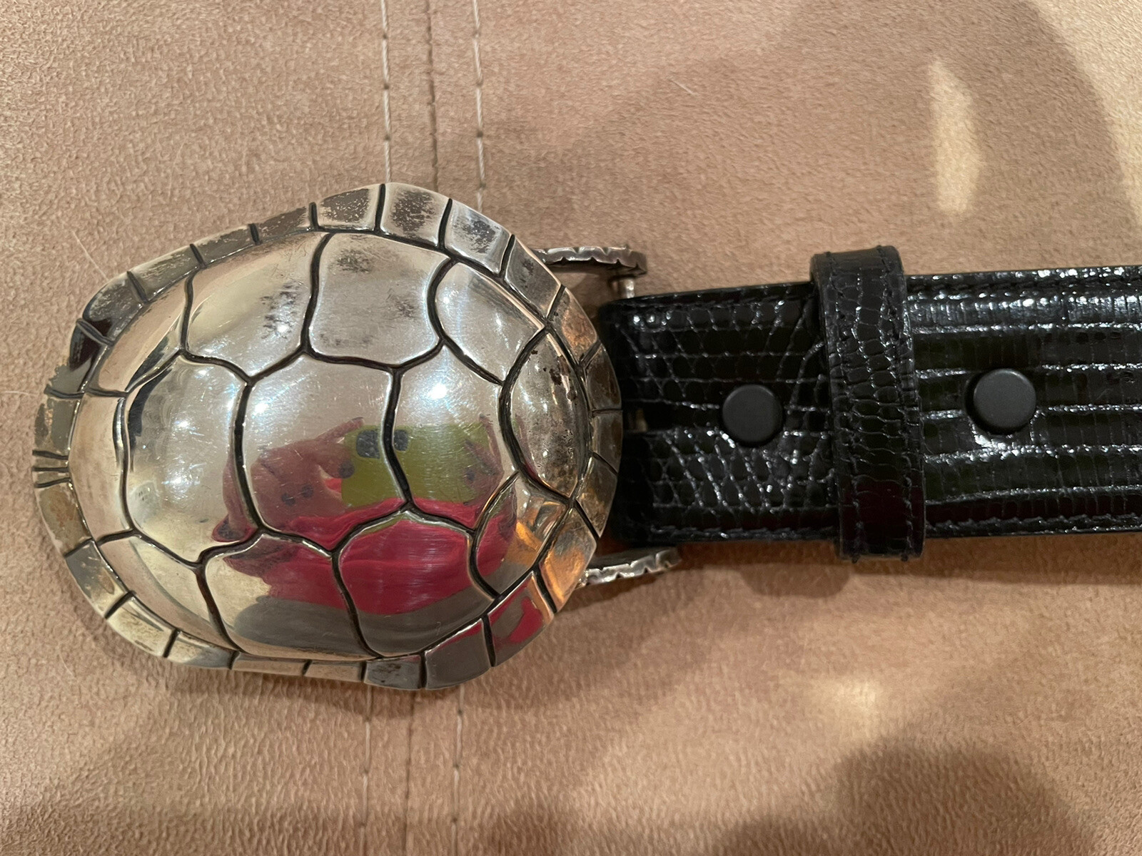 RARE!! HUGE!! Kieselstein Cord Silver Turtle Buckle W/Black Lizard Belt Size 2