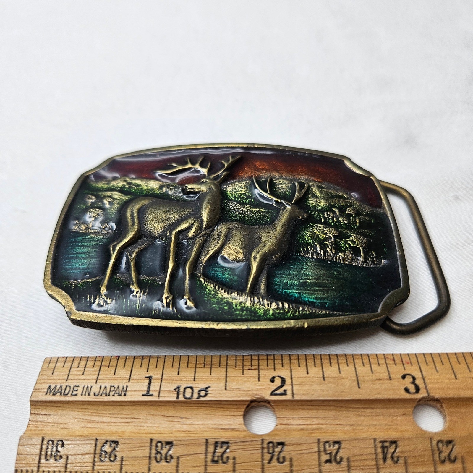 Koleaco USA Vtg Deer Buck Wildlife Brass 3D Enamel Belt Buckle A16 Western