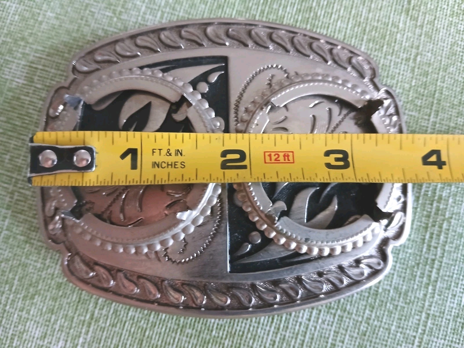 Vintage Western Metal Belt Buckle 4&Prime; Filigree & Paisley w/Two Large Coin Inserts