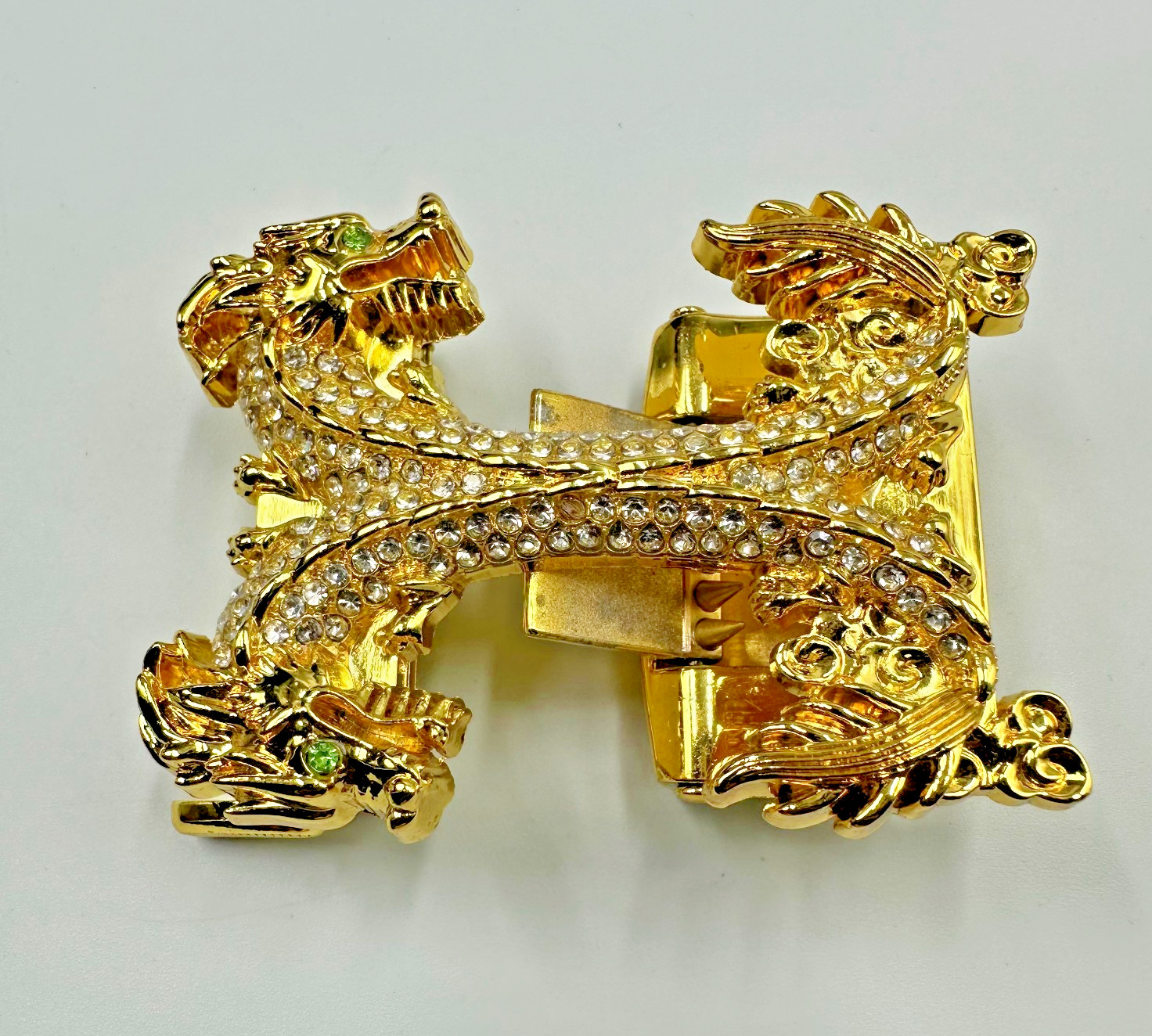Double Dragon Rhinestone Ratchet Belt Buckle Gold Tone Automatic Slide