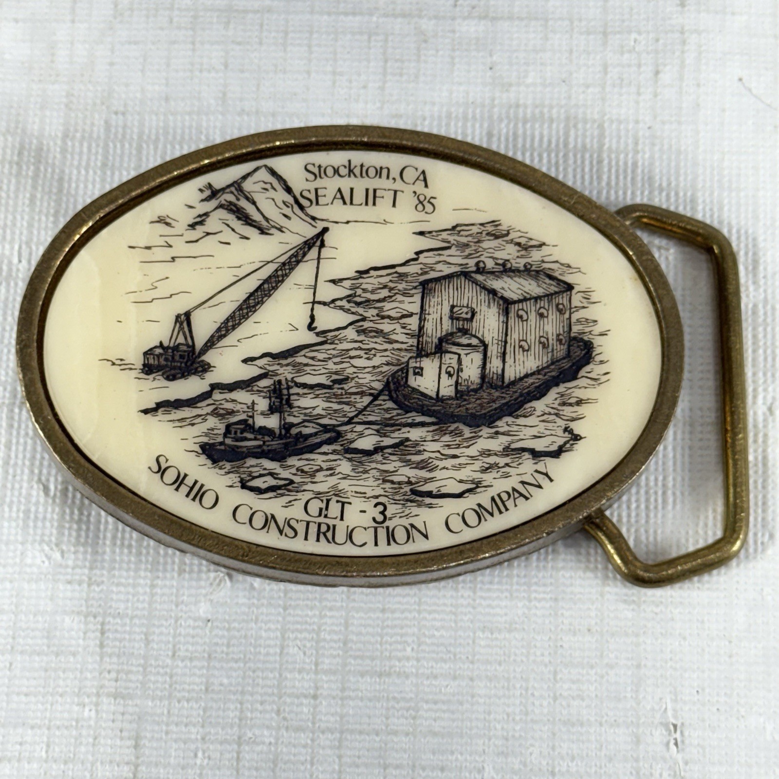 Vintage Sohio Construction Co. Sealift 1985 Belt Buckle Scrimshaw Solid Brass