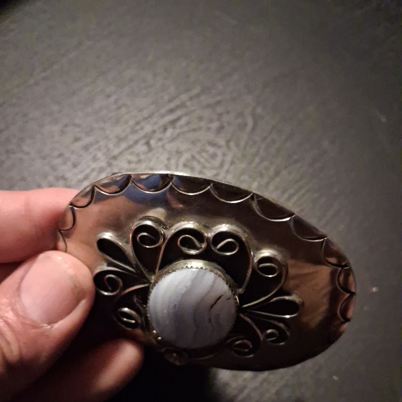 Vintage silver toned Belt Buckle with Cream Colored Stone nice rare