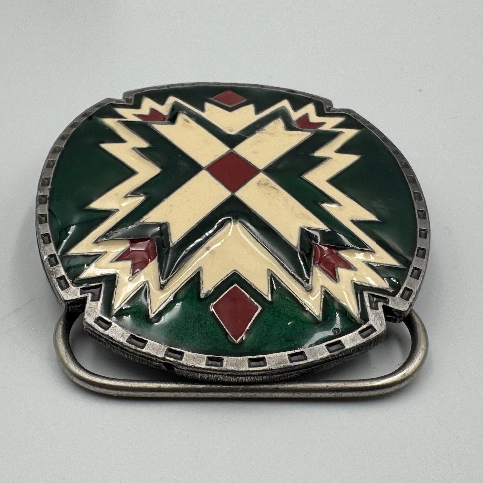 Vintage 1988 Siskiyou Buckle Co Green Enamel Southwestern Belt Buckle J-89 USA