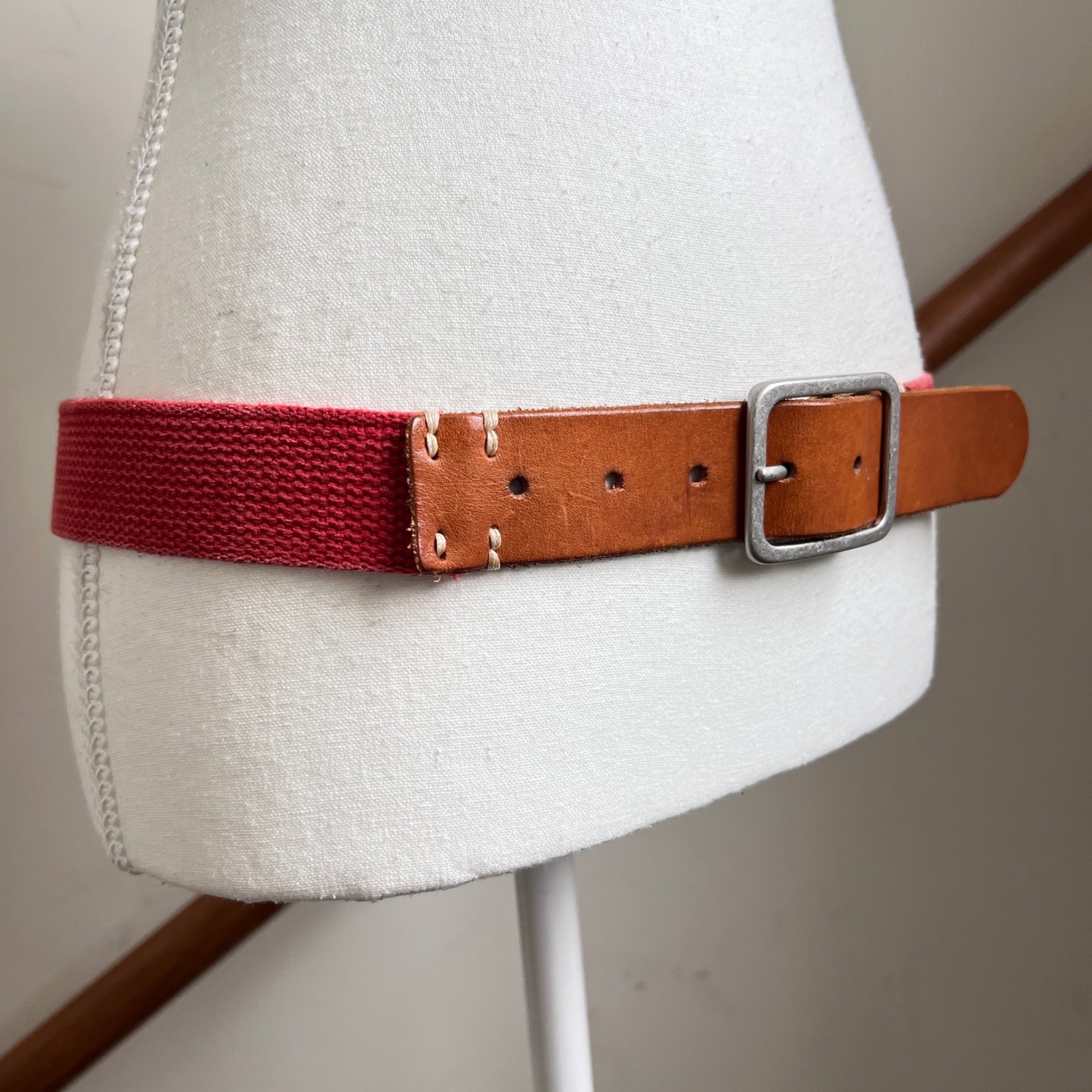 Vintage Red Canvas Brown Leather Belt Silver Buckle Preppy Statement