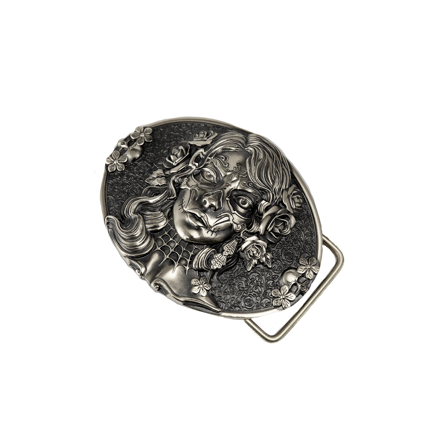 Sugar Skull woman german silver belt buckle, Santa Muerte Skull El Día de Muerte