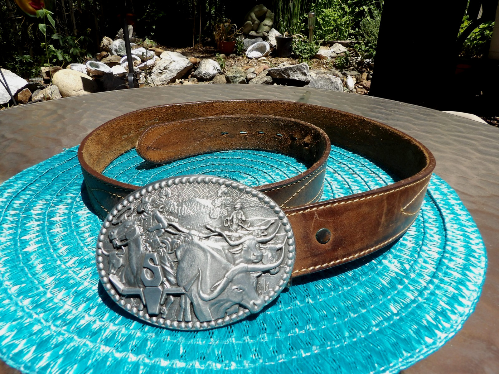ZEE SERIES OKLAHOMA ADM MEN&rsquo;S CATTLE DRIVE WESTERN BELT BUCKLE AND BELT 37&Prime;-42&Prime;