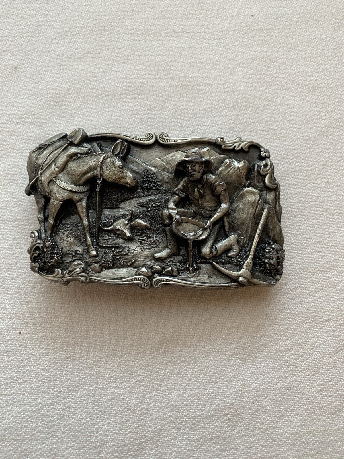 1981 Siskiyou Buckle & Arroyo Grande Gold Miner Panning Mule Belt Buckle Pewter