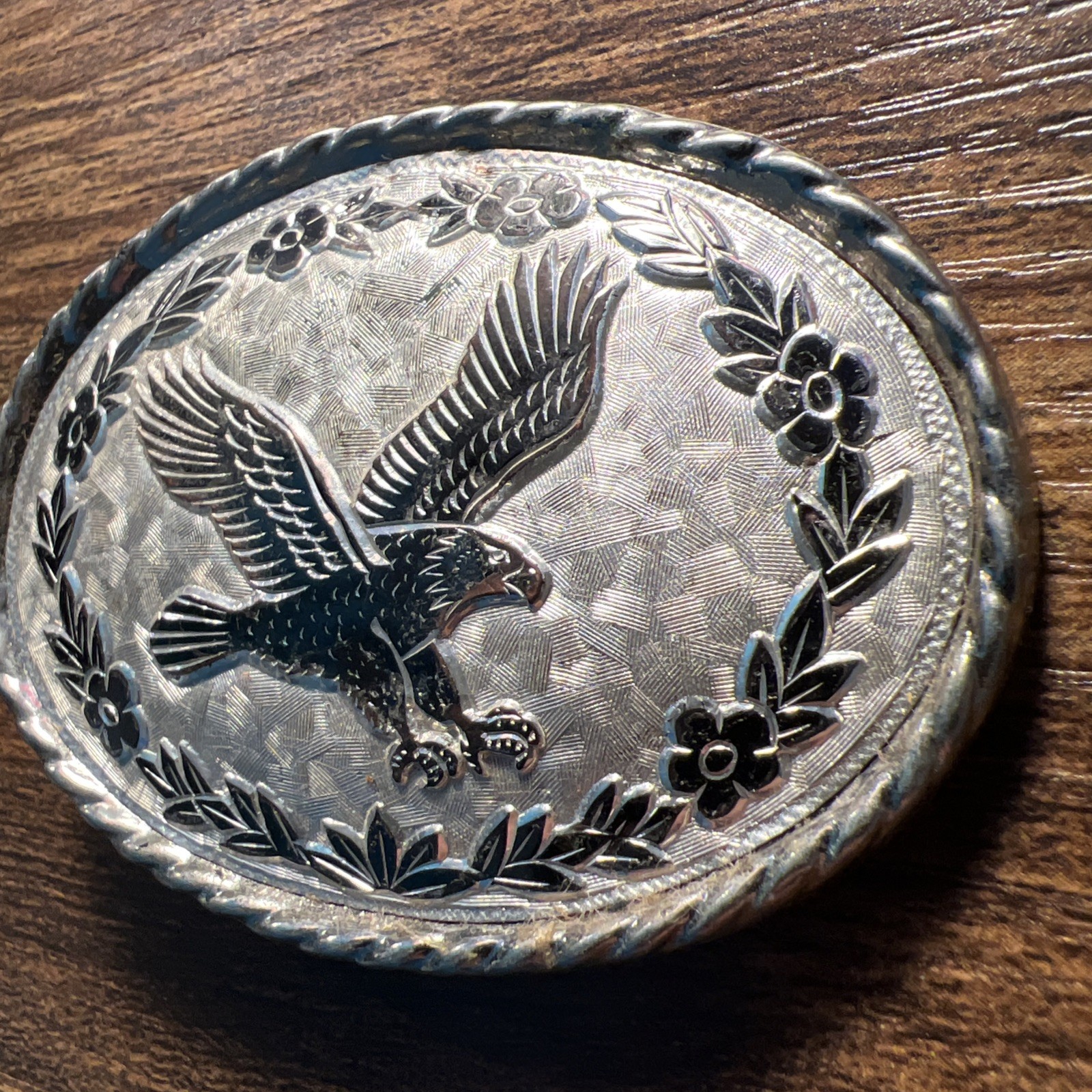 Vintage American Flying Eagle Oval Belt Buckle Etched Leaf USA Made Silver Tone