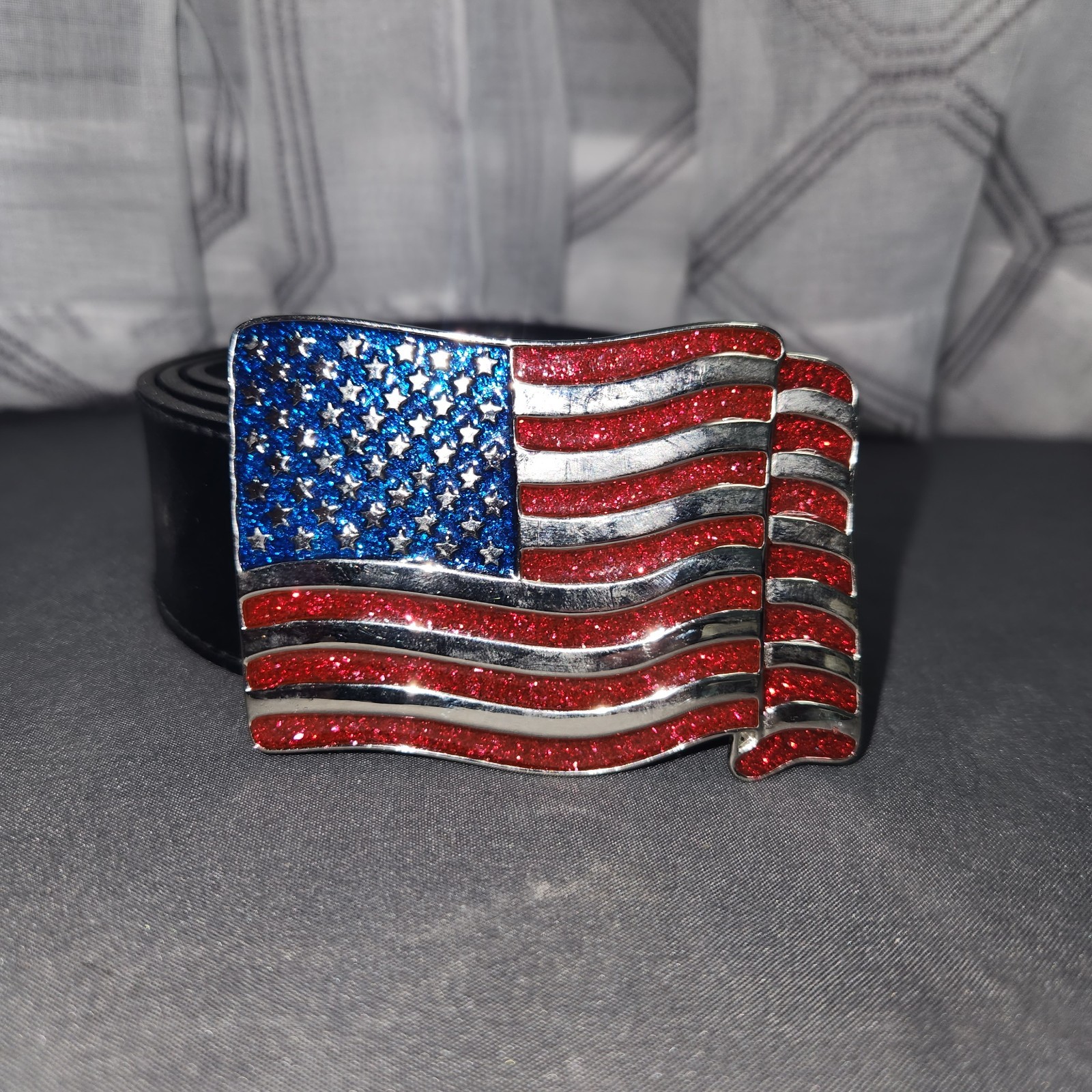 American Flag Belt Buckle Mens Black Leather Strap Patriotic USA Red White Blue