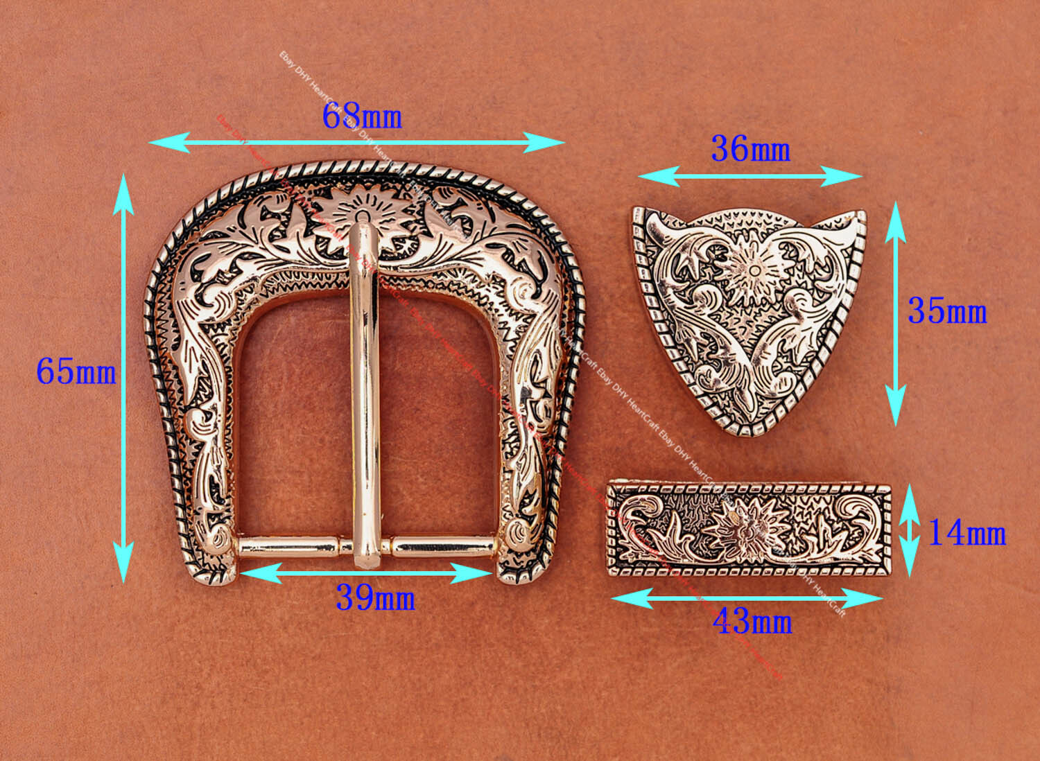 Heavy Gold Western Cowboy Belt Buckle 3 Piece Set Floral Carved Unisex 1-1/2&Prime;