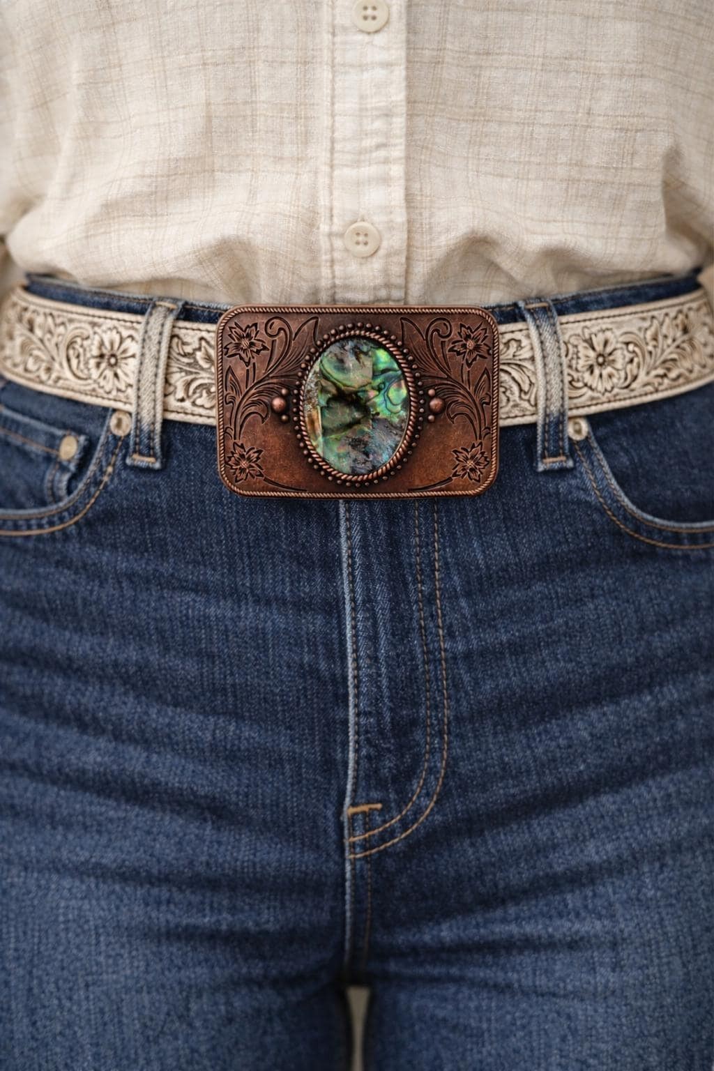 Bronze Abalone Shell Belt Buckle Engraved Floral Inlay Fits 1.5 Inch Belt