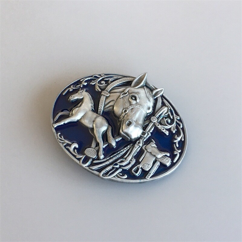 Antique Silver Enamel Horses Rodeo Western Belt Buckle also Stock in the US
