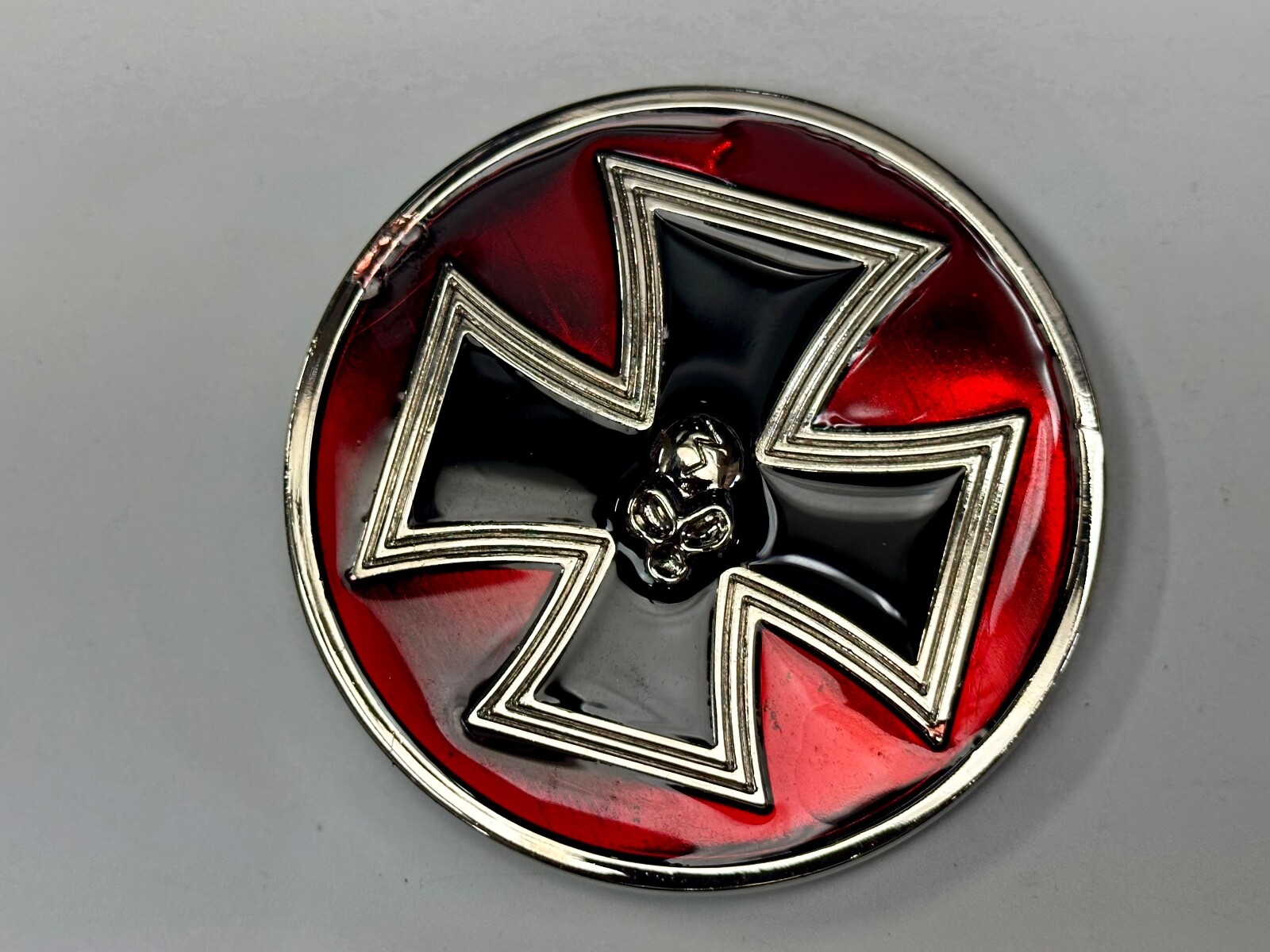 Enamel Round Iron Maltese Cross With Centered Silver Color Skull Belt Buckle