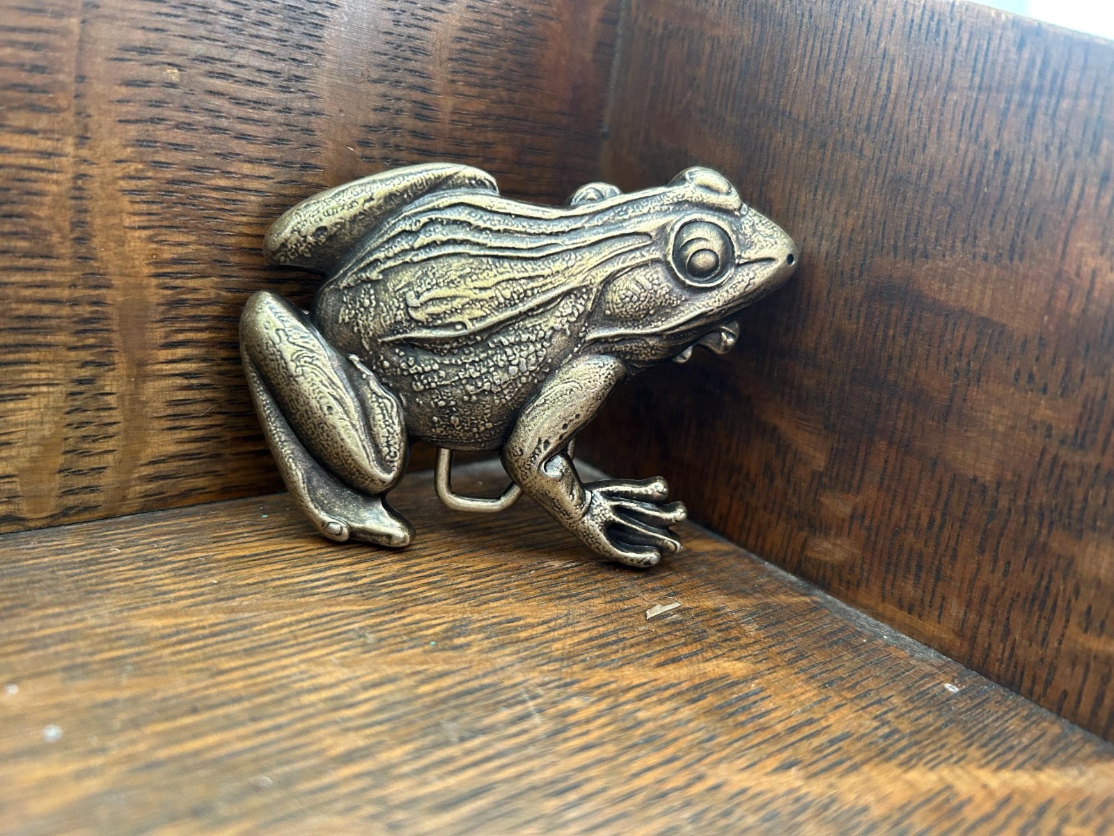 Brass Frog Belt Buckle Large Bullfrog Lily Pad Western Cowboy Design
