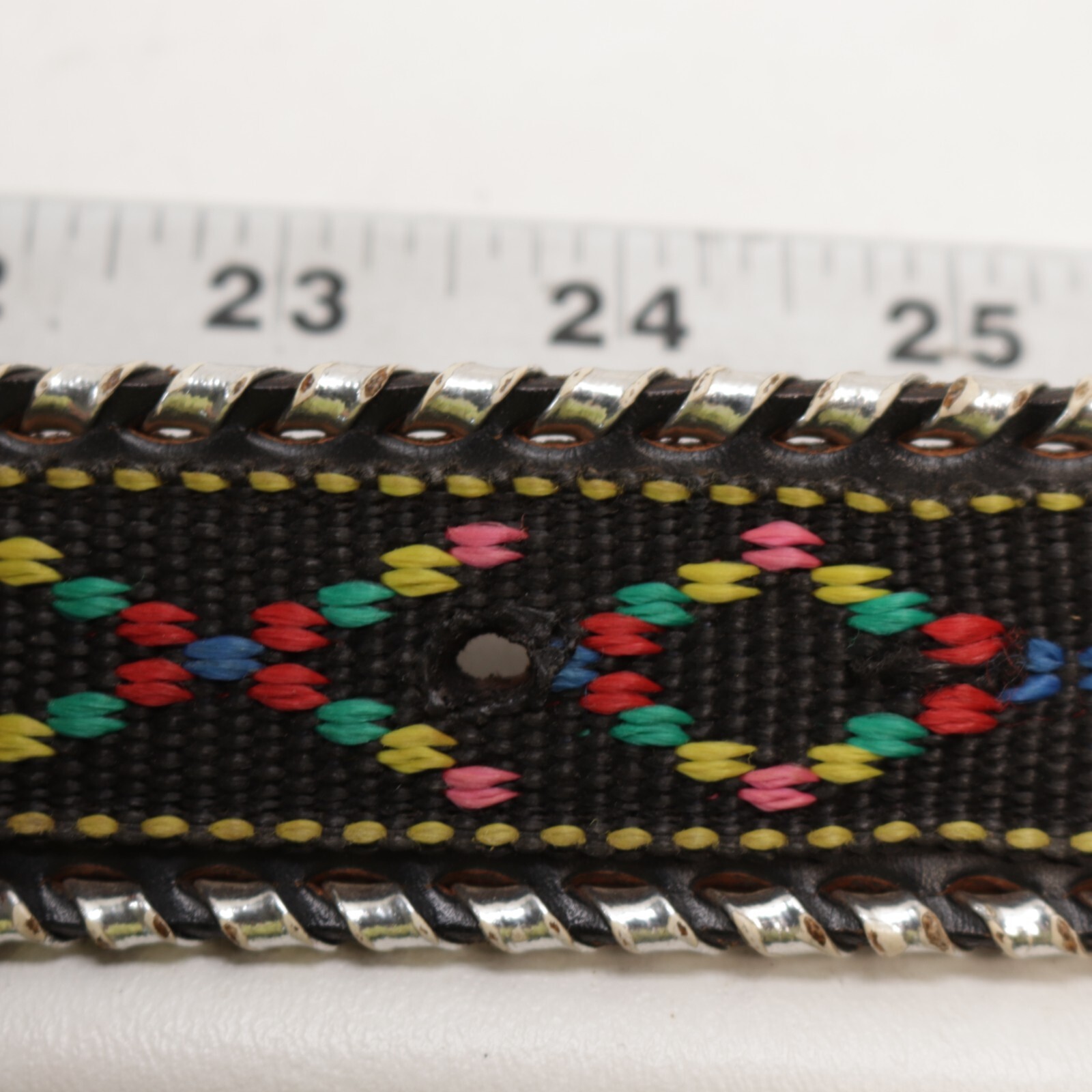Vtg Rotating Spur Belt Buckle Tribal Embroidered Black Silver Tone Whipstitch
