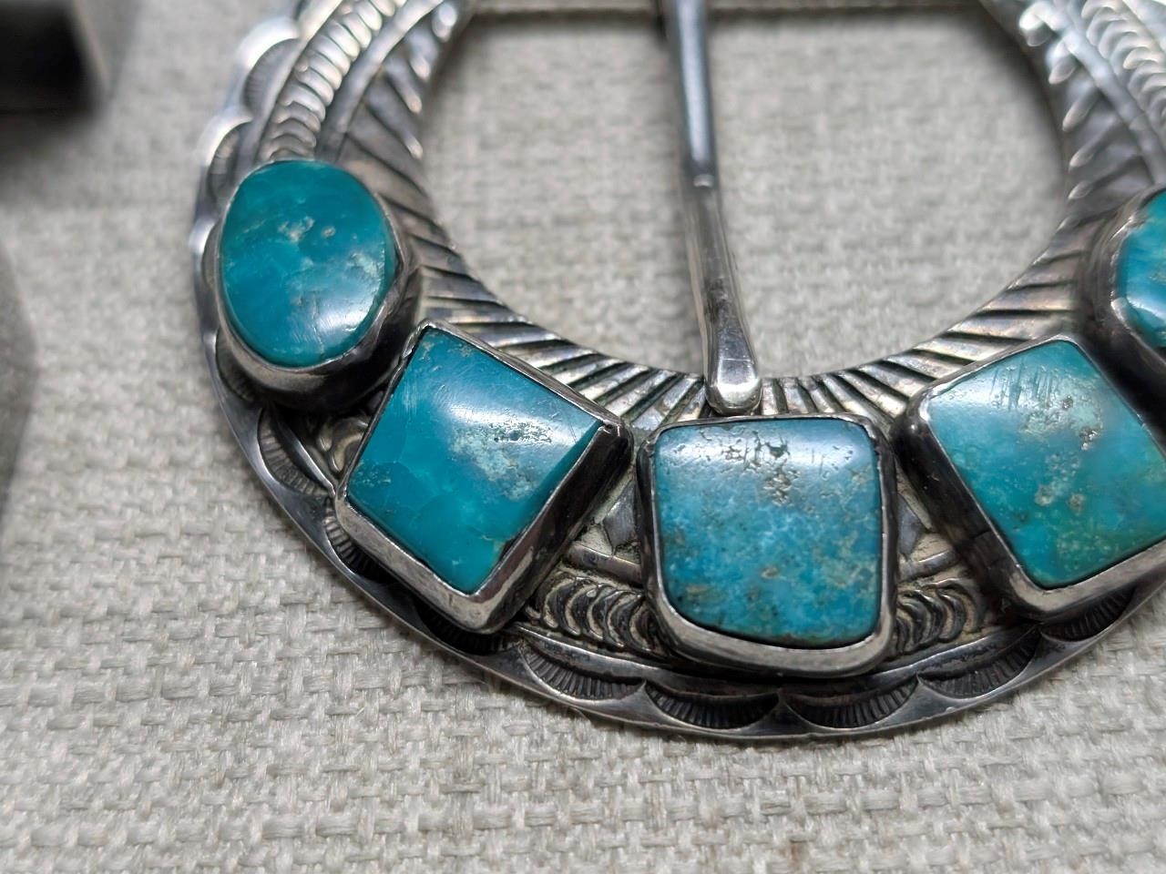 vintage STERLING SILVER belt buckle set 4PC turquoise SAMPSON WERITO navajo