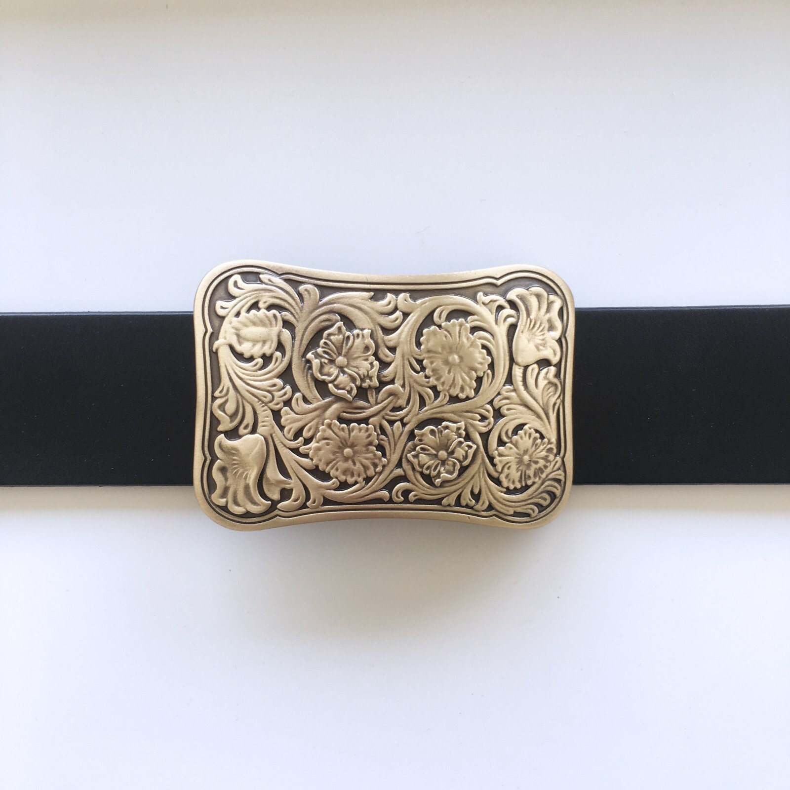 Western Flower Southwest Cowboy Cowgirl Rectangle Solid Brass Belt Buckle