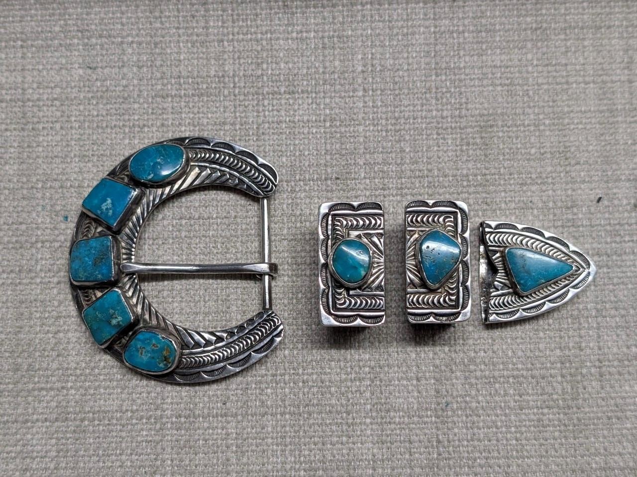 vintage STERLING SILVER belt buckle set 4PC turquoise SAMPSON WERITO navajo