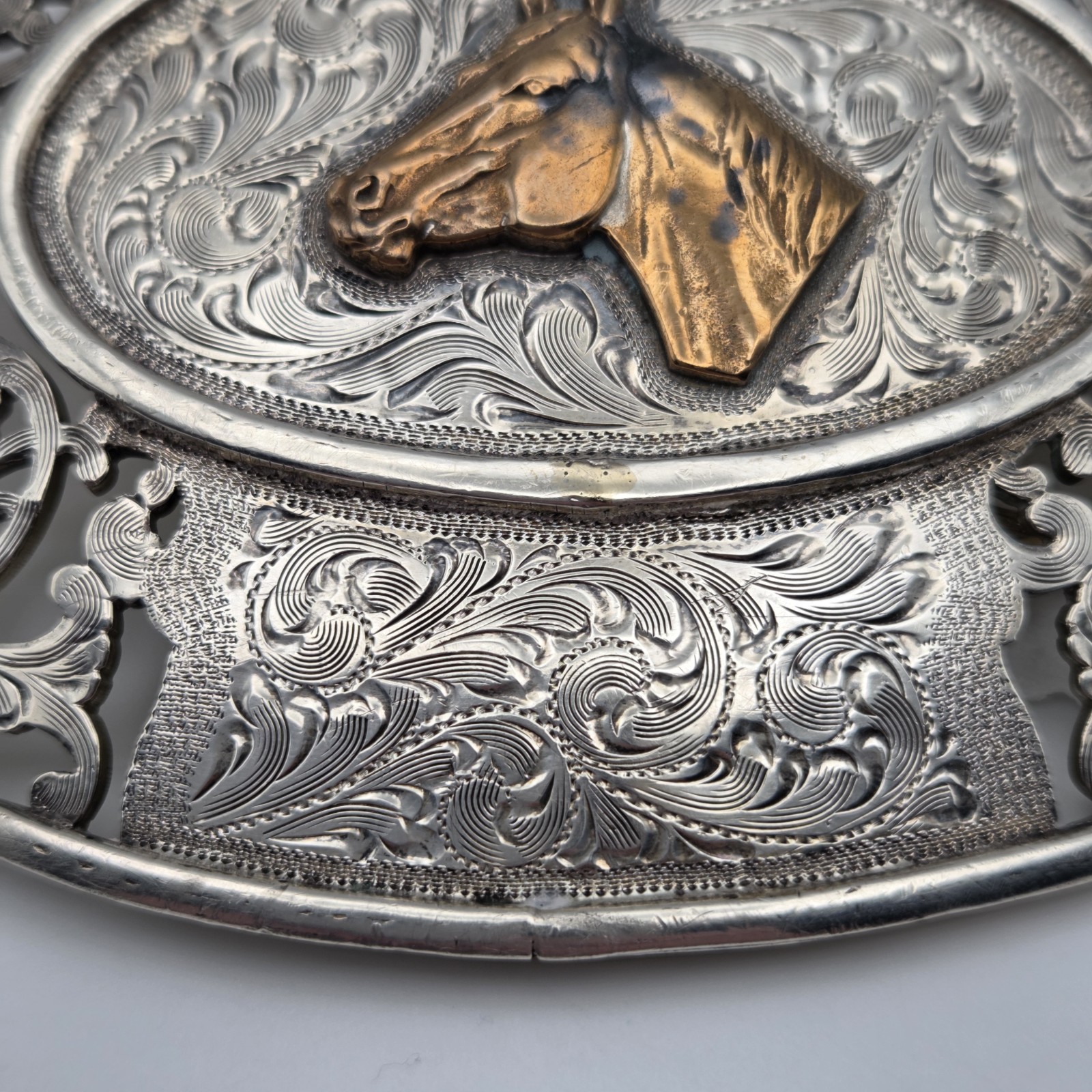 Men&rsquo;s Western Large Ornate Silver Overlay Belt Buckle With Copper Horse