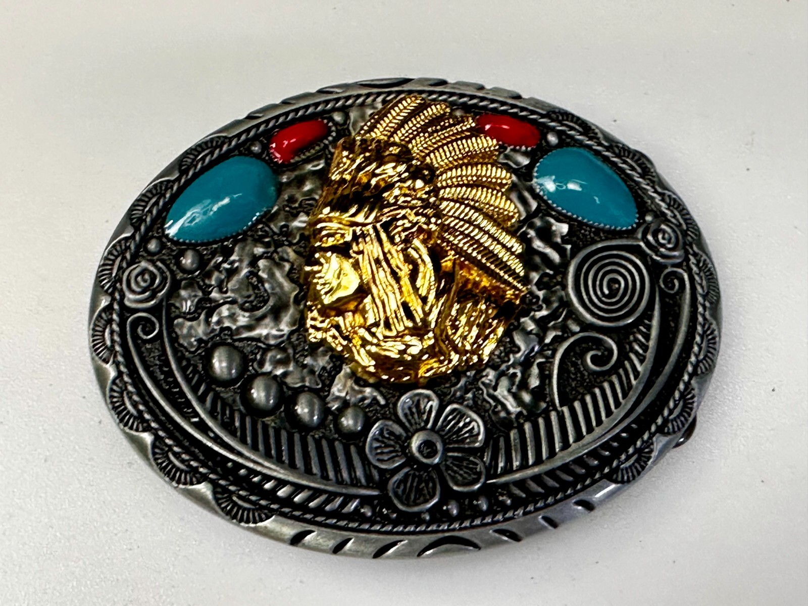 Native American Indian Chief in Head Dress Faux Turquoise & Coral Belt Buckle