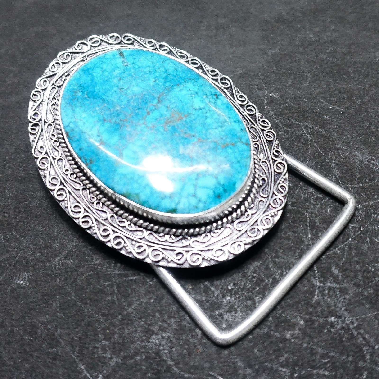 Handmade Silver Plated Belt Buckle with Natural Turquoise Stone- Western Vintage