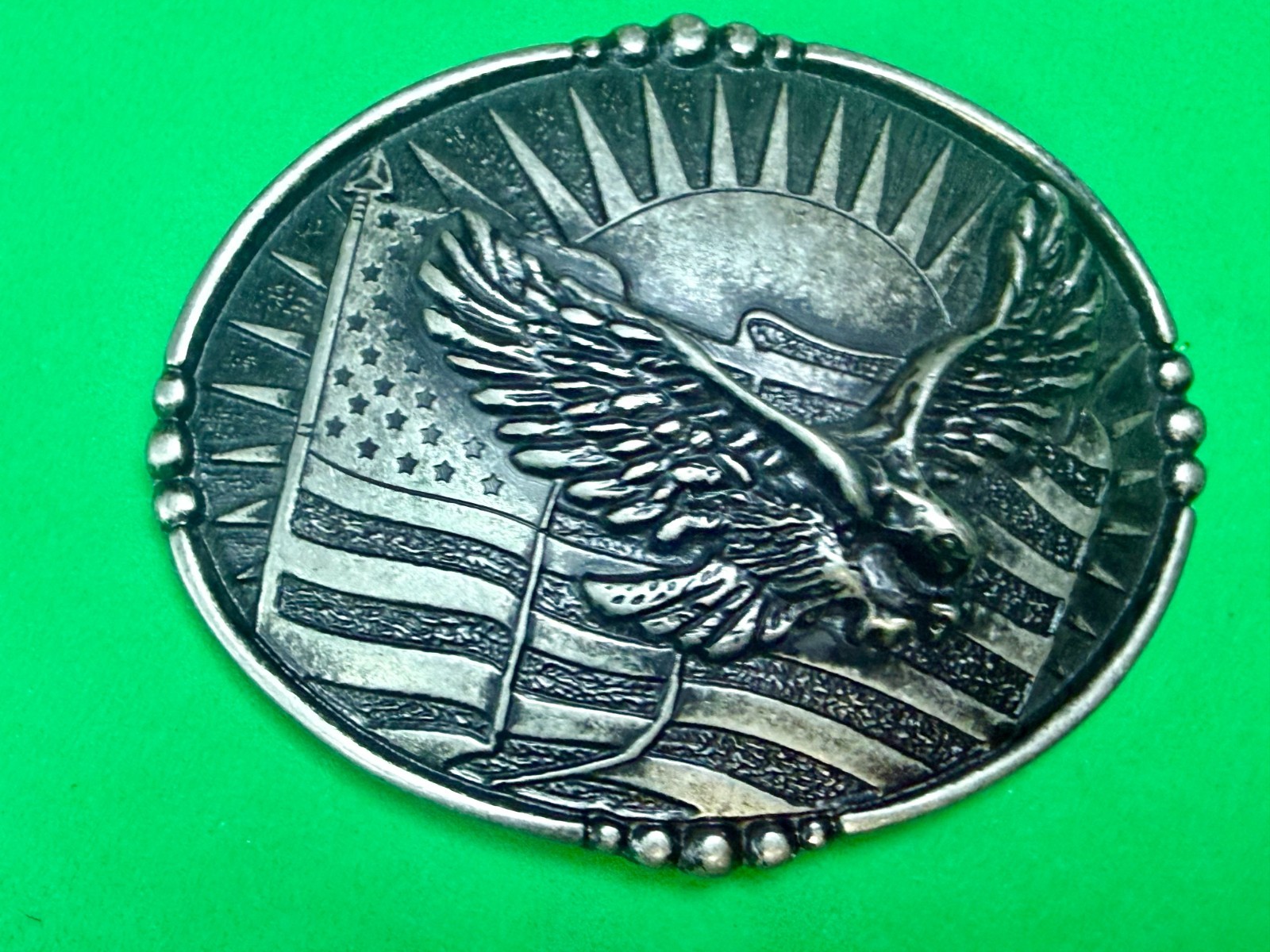 USA American Eagle Soaring Over Flag Sunrise Sunshine Patriotic Belt Buckle