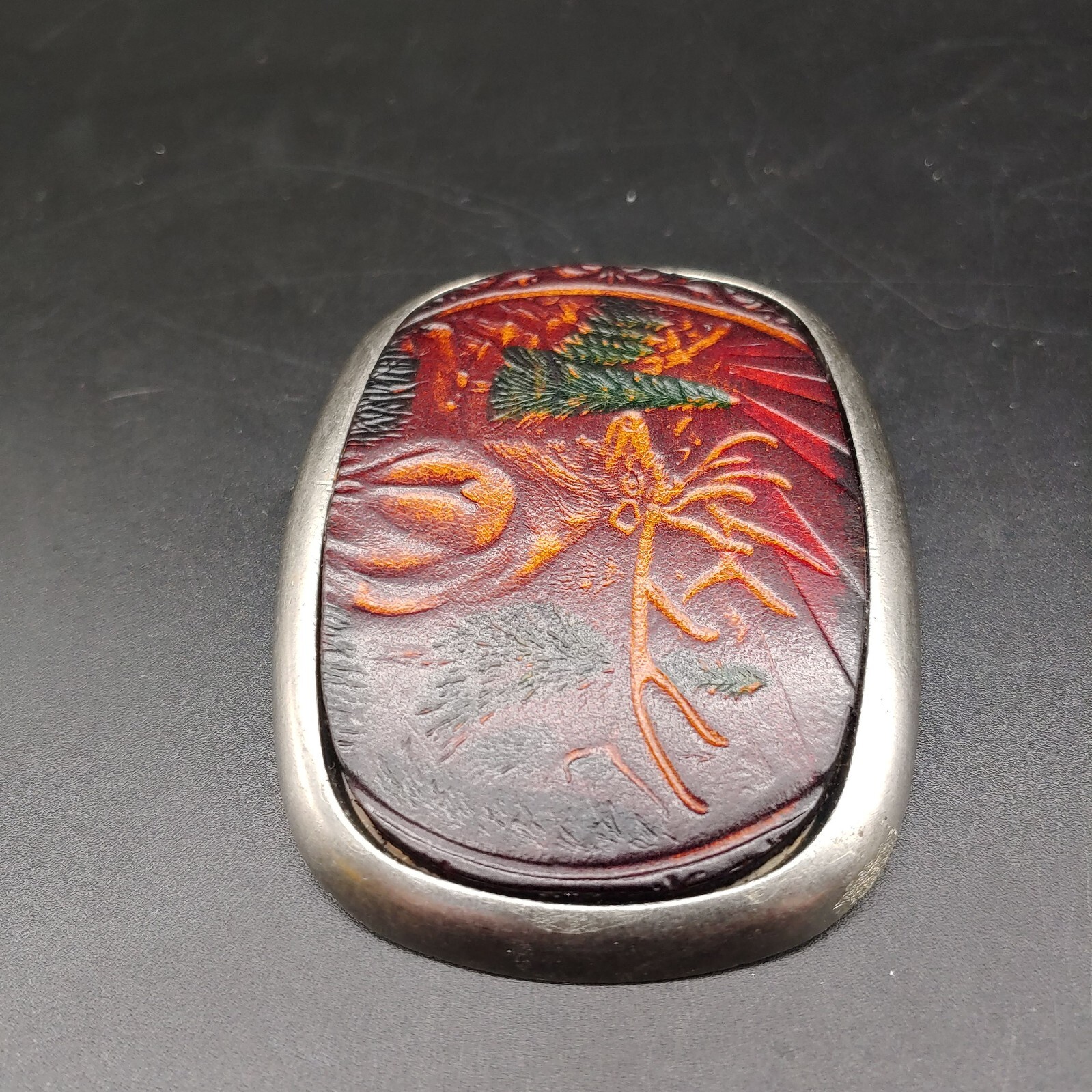Tooled Leather Wildlife Elk in Metal Belt Buckle
