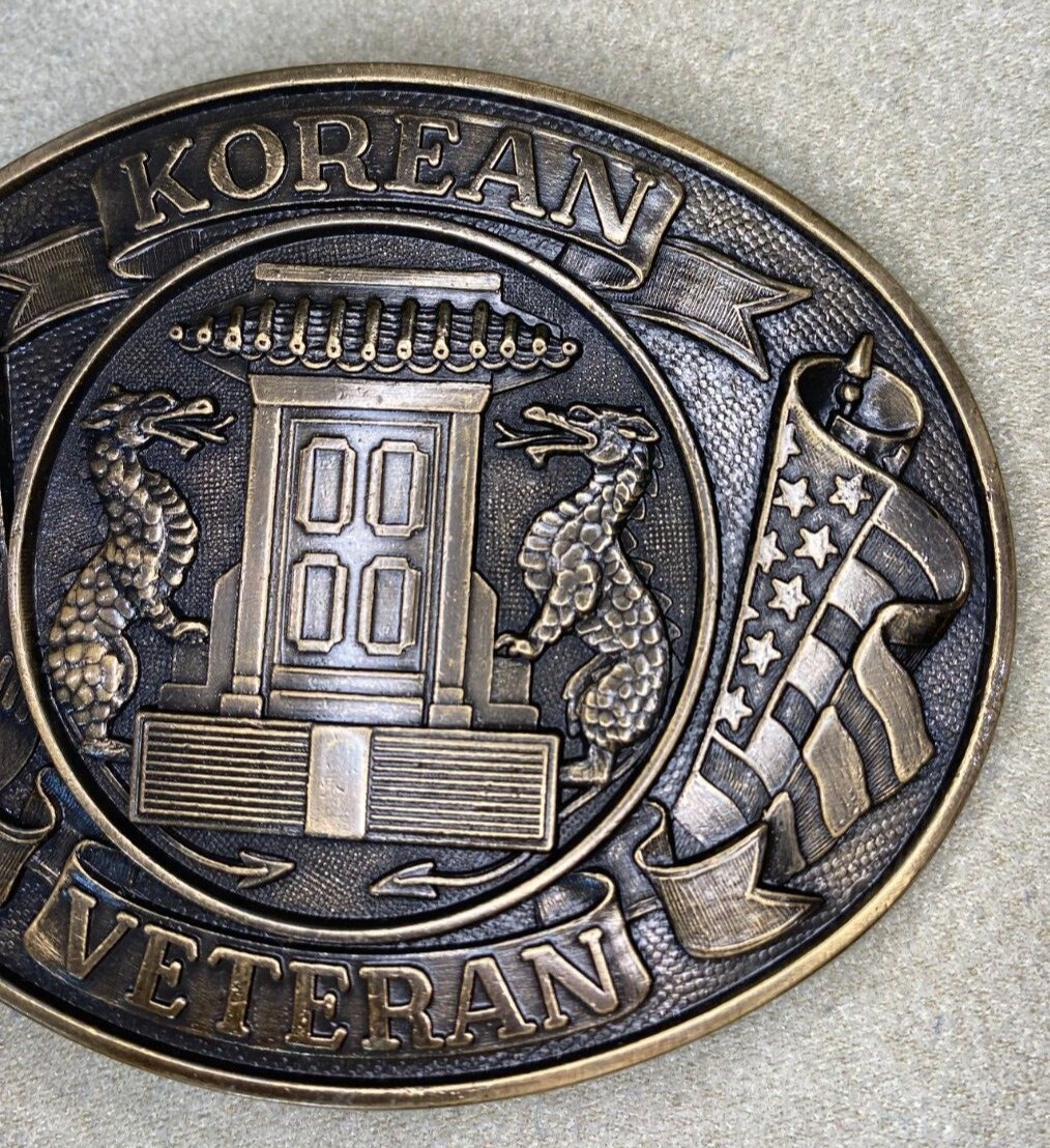 Korean War Veteran Belt Buckle Dragons Flags USA Patriotic 
