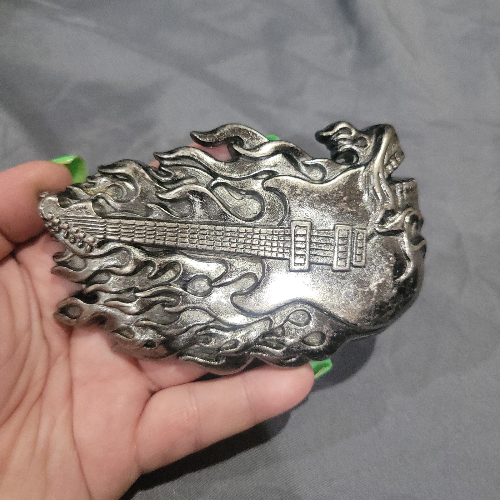 Skull Guitar Flame Belt Buckle 4 3/8&Prime; x 2 3/4&Prime; Heavy Metal Rock N Roll