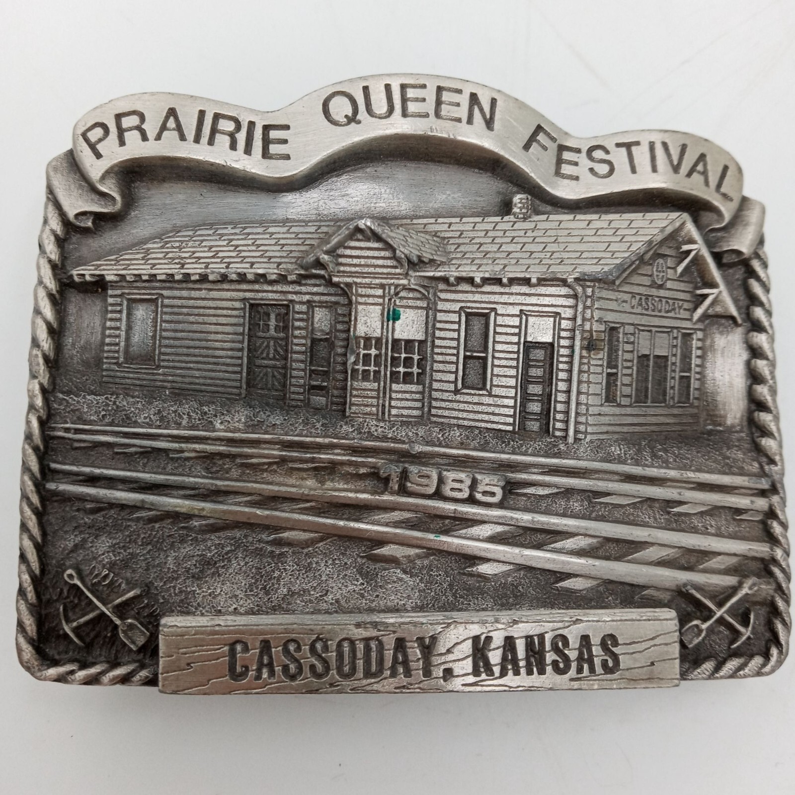ATSF Train Depot Belt Buckle Cassoday KS 1985 Prairie Queen Festival Vintage