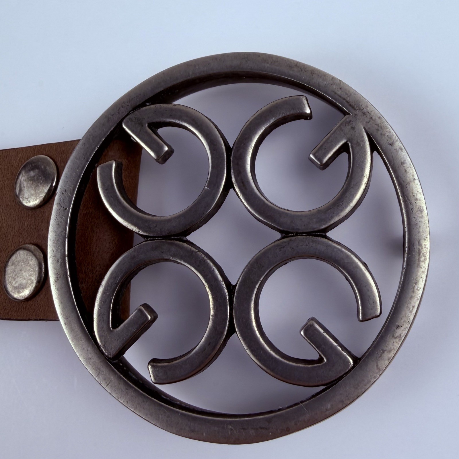 Vtg-Guess Silver G Logo Circular Buckle with Light Brown / Dark Leather Belt