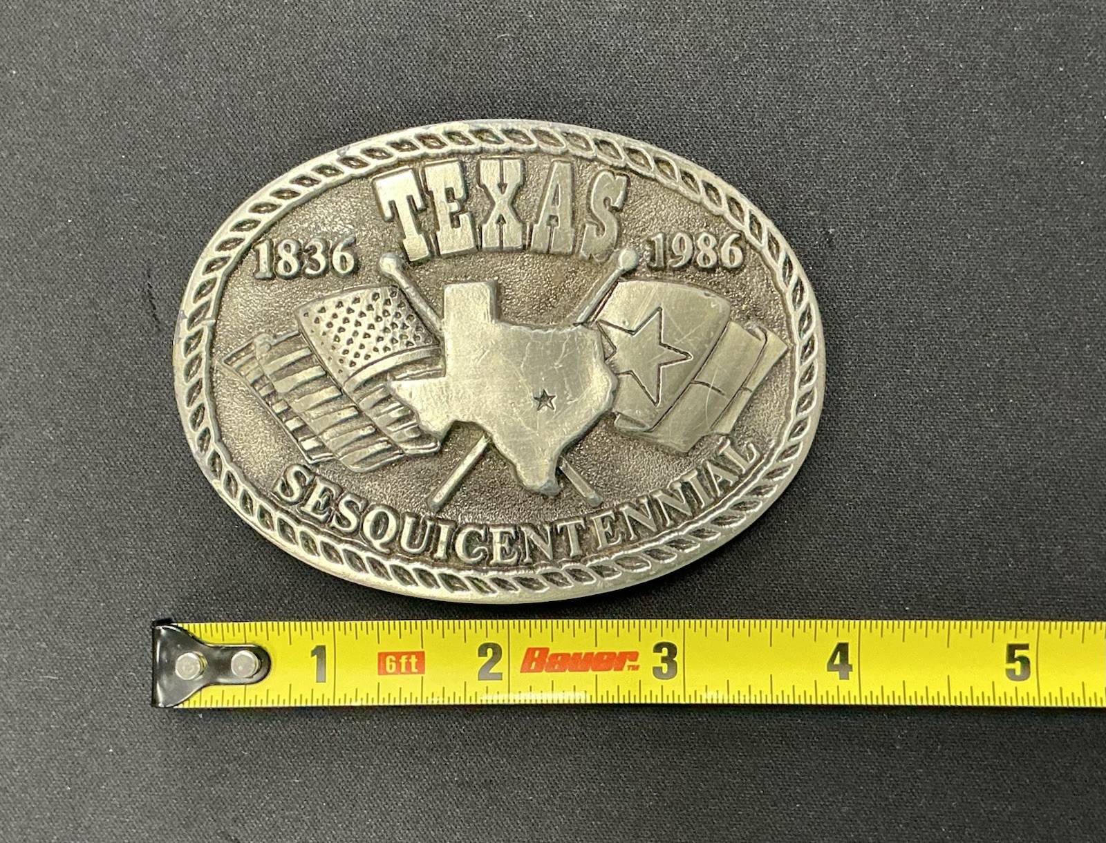 Vintage Texas Sesquicentennial Belt Buckle 1836-1986 Aged Rodeo Western Flag