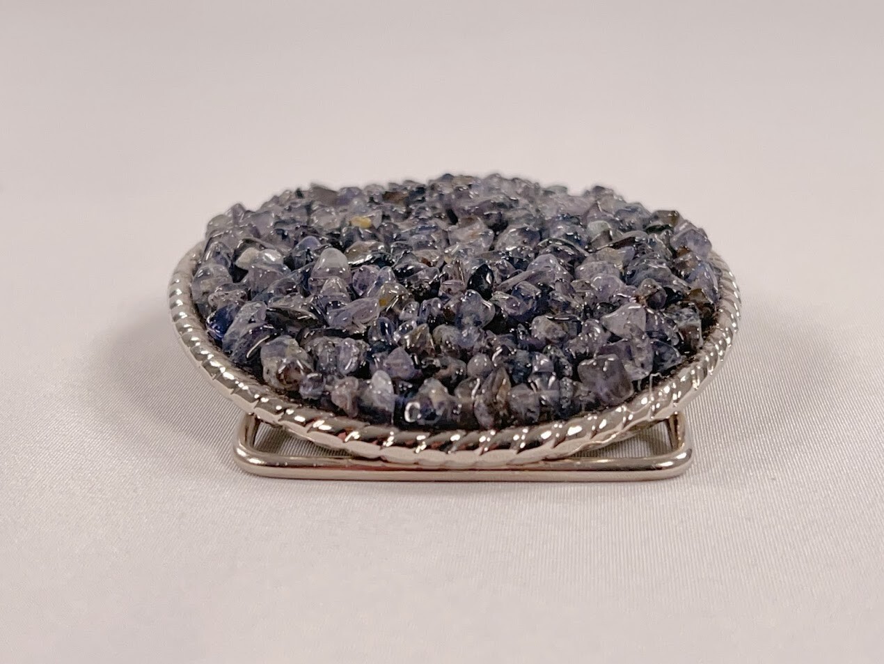 Handmade Oval Silver-Tone Belt Buckle with Iolite Gemstone Bead Inlay – Western